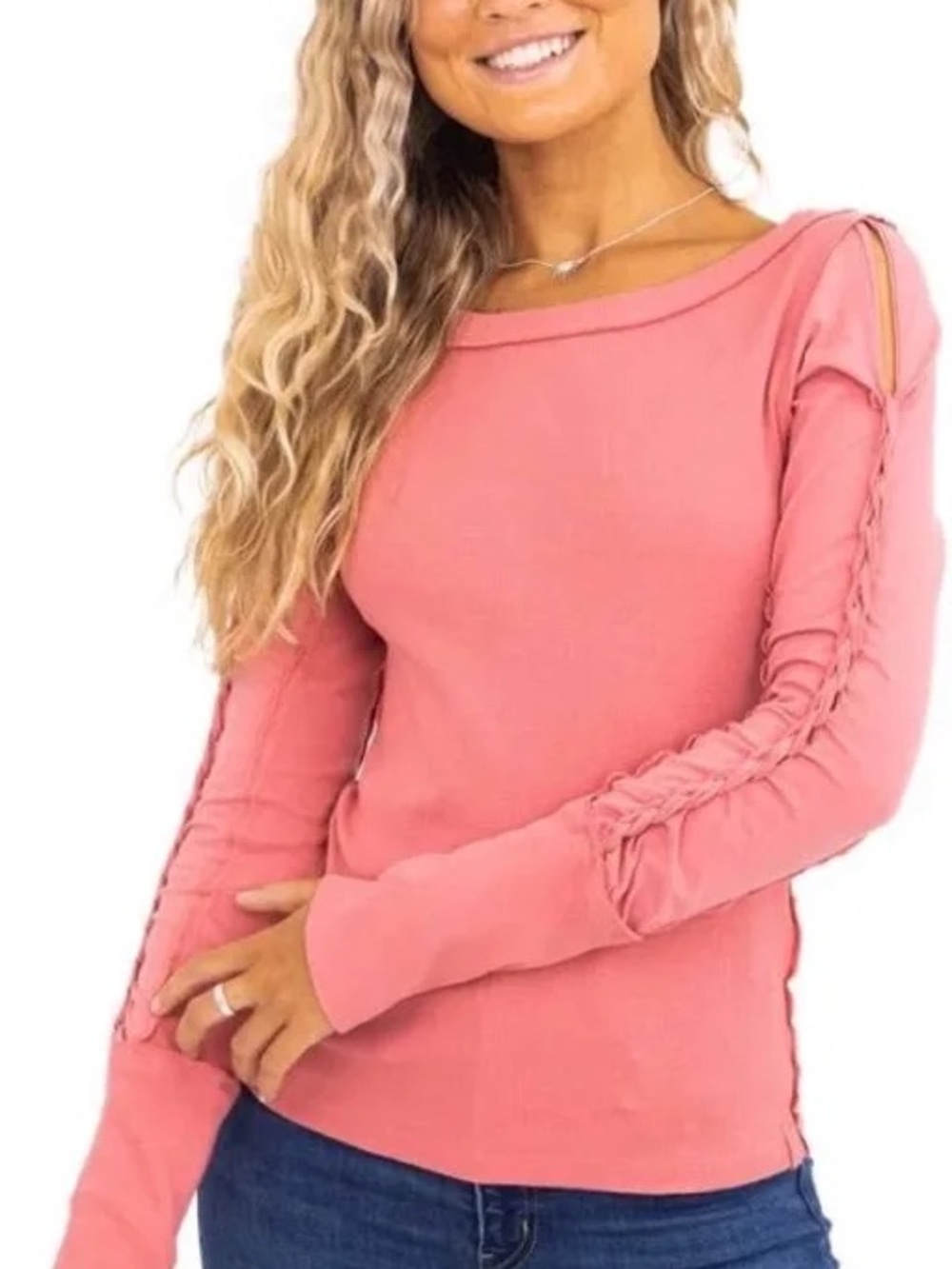 We The Free Pink Long Sleeve Top with Braided Sleeve Detail